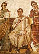 Mosaic of Virgil writing the 'Aeneid' alongside Muses Clio and Melpomene