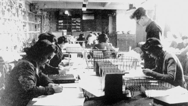 Hut 3 at Bletchley Park, Buckinghamshire in 1942. Here, civilian and service personnel worked together at code-breaking top-secret military communiques between Hitler and his armed forces.