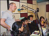 Sam and Nicki (far right) interview guests