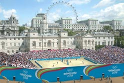 Computer-generated image of beach volleyball taking place at Horse Guard's Parade in the heart of London's Whitehall. Credit: London 2012