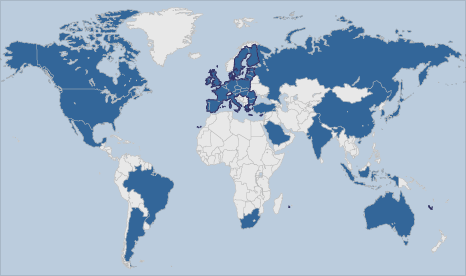 Map of the world highlighting the G20 nations