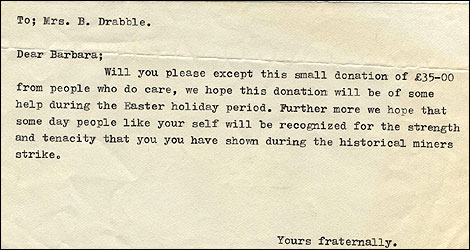 Miners Strike donation letter to Barbara Drabble, 1984