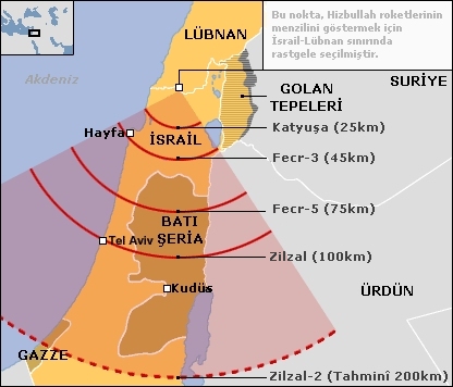 Hizbullah roketlerinin menzilini gösteren harita