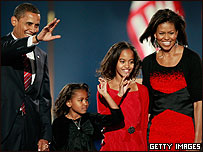 Família Obama na comemoração da vitória em Chicago