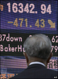 Một người Nhật theo dõi màn hình giá chứng khoán