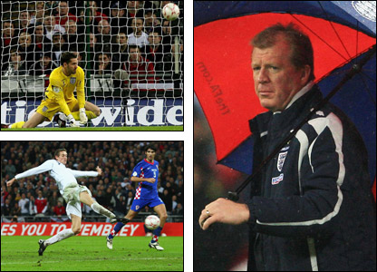 Scott Carson để lọt lưới cú sút của Nico Kranjca (góc trái trên cùng), Peter Crouch ghi bàn gỡ hòa 2-2 cho Anh (góc dưới bên trái) và huấn luyện viên Steve McClaren (bên phải)