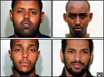 Do topo, esq., sentido horário: Muktar Ibrahim, Yassin Omar, Ramzi Mohammed e Hussain Osman