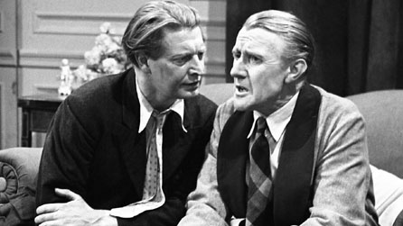 Black and white photograph of Roger Livesey as Jean Cordeau and Ivan Samson as Bernard Bazire in 1948 BBC production Men of Darkness