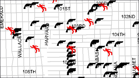 Map of homicides and shootings in Chicago in 2008 (Source: CeaseFire)