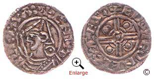 A silver penny from the reign of Cnut, King of Denmark and England 1016-1035. Minted at Exeter around 1023-29. Obverse (left) reverse (right)