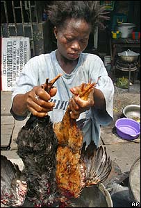 Elinde tavuklar bulunan Nijeryalı bir kadın