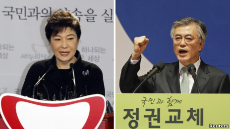 新国家党候选人朴槿惠和民主统合党候选人文在寅(资料照片，2012)