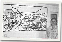 Yr arlunydd Helen Elliott gyda'r gwaith celf