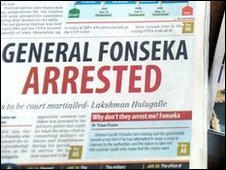 A newspaper reporting the arrest of Gen Fonseka (file photo)