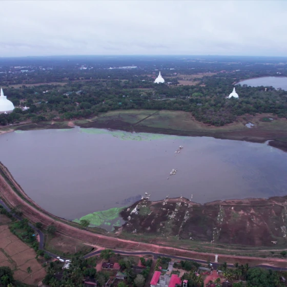 Aerial view of a lake.