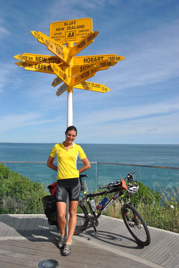 At Bluff, South Island, at the end of the two month cycle tour around New Zealand.