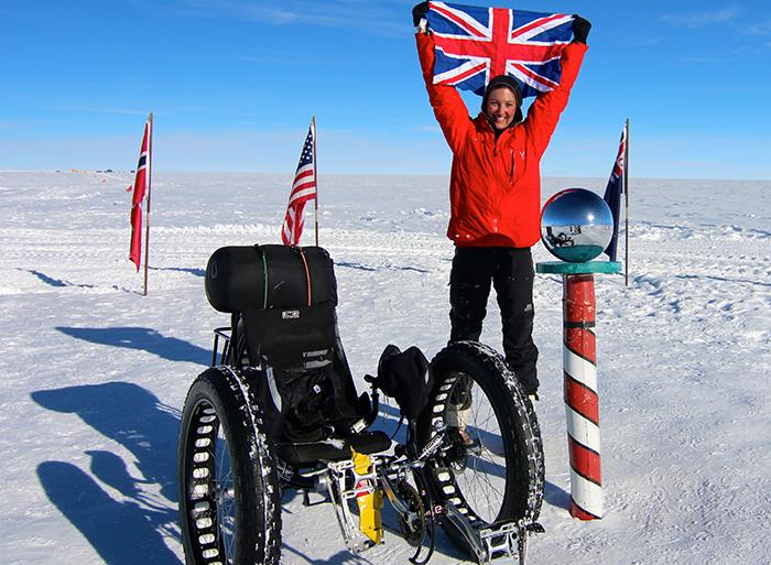 Arriving at the South Pole after having cycled for more than 17 hours.